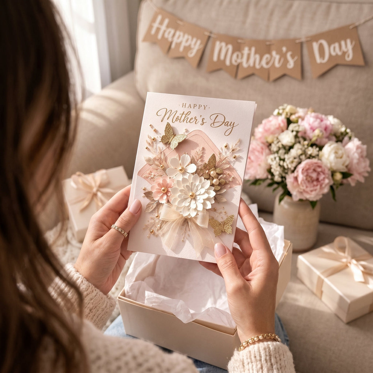 Beautiful Mother’s Day Card for Mom Luxury Floral Butterfly Greeting Card Elegant Happy Mother’s Day Card 3D Floral Envelope Card