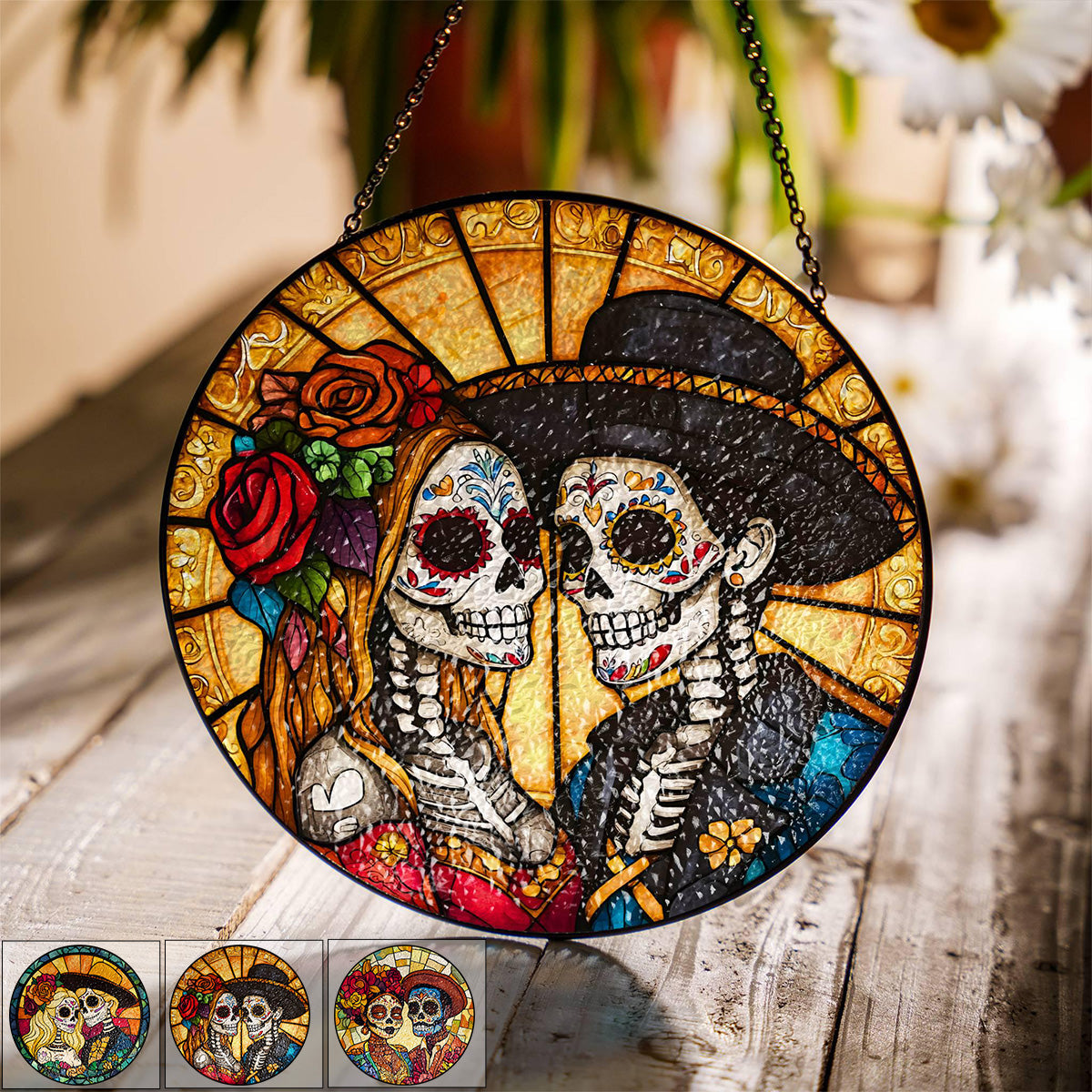 Day of the Dead Sugar Skull Stained Suncatcher Ornament - Gift For Couple