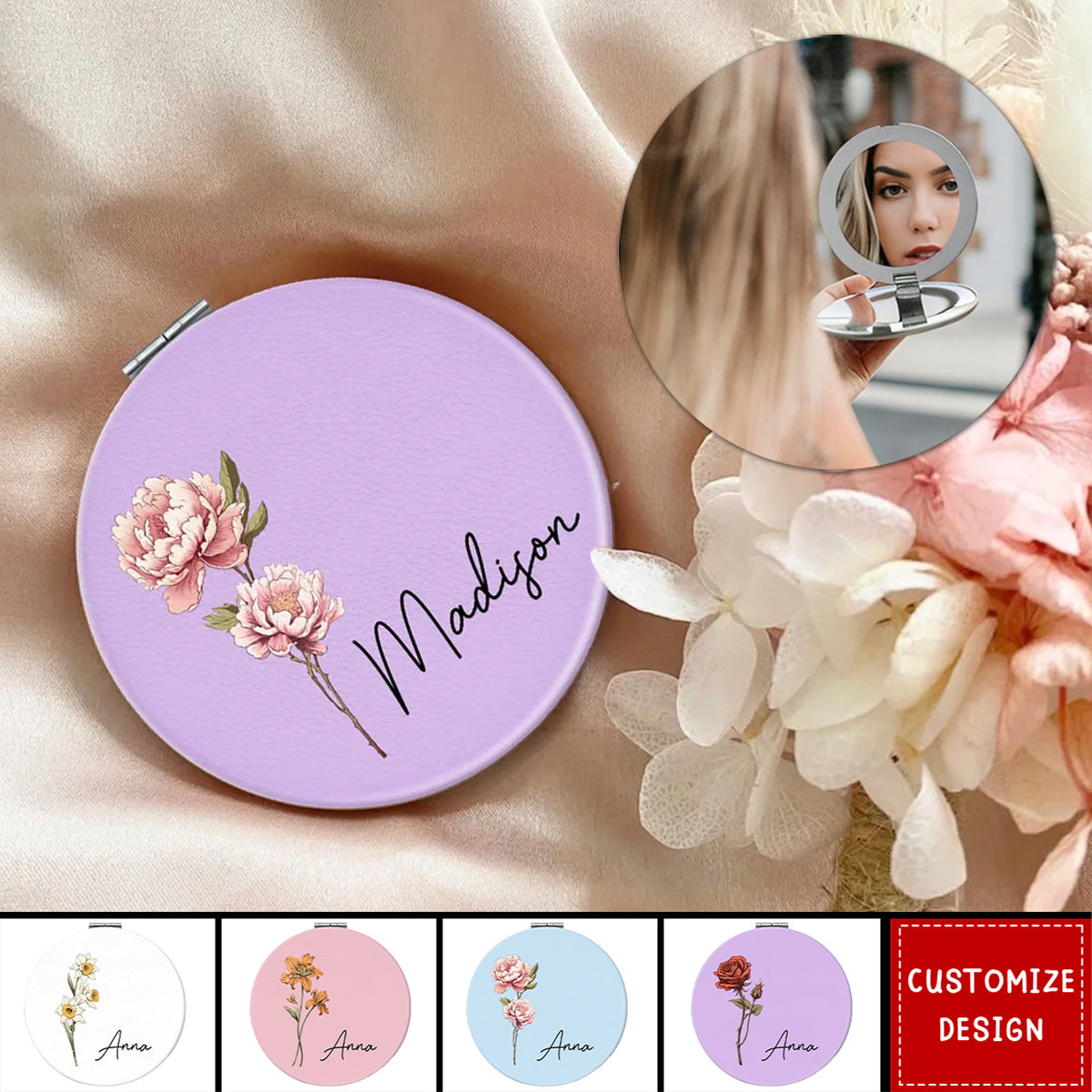 Beautiful Birth Month Flower Personalized Circle Compact Mirror