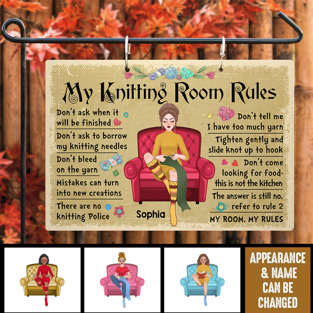 Personalized Crochet and Knitting Room Rules Funny Metal Sign, Gift for Crochet & Knitting Lovers