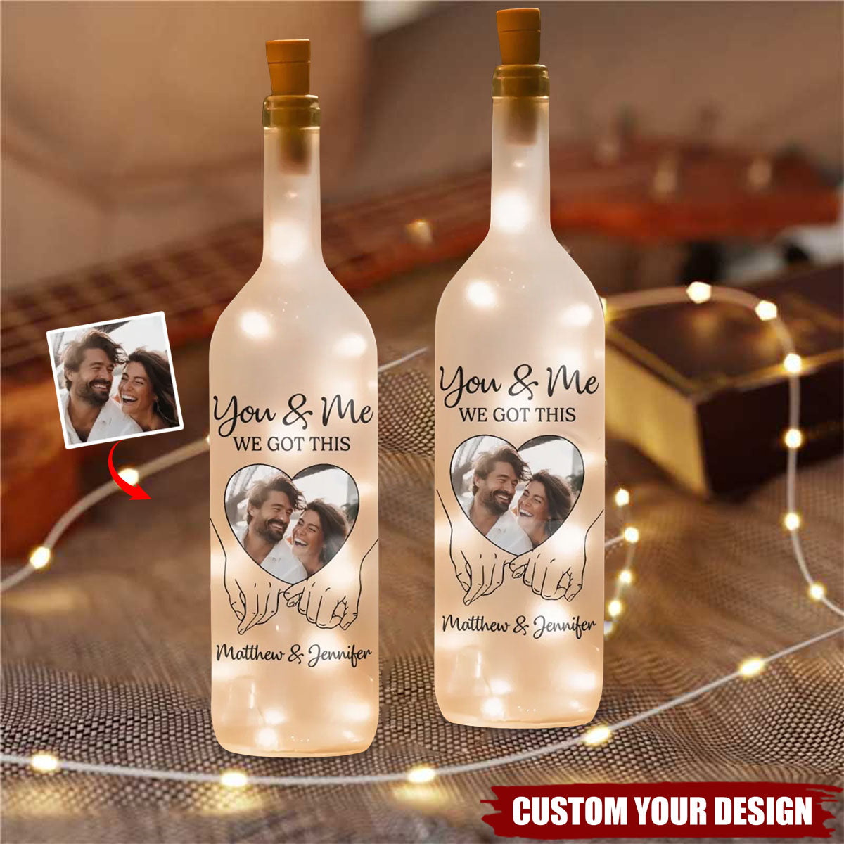 Custom Photo Hand In Hand, We Conquer All - Couple Personalized Custom Bottle Lamp - Gift For Husband Wife, Anniversary