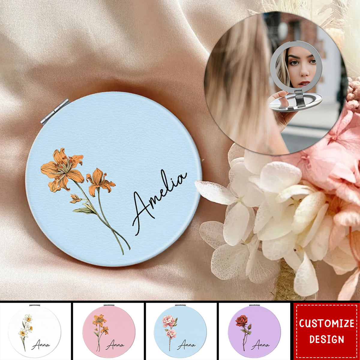 Beautiful Birth Month Flower Personalized Circle Compact Mirror