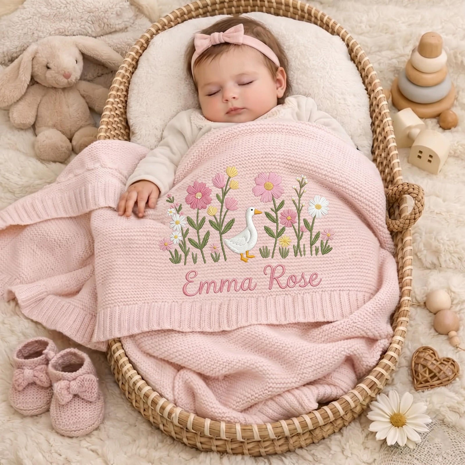 Personalized Embroidered Goose Floral Baby Blanket - Duck Wildflower Knit Throw, Newborn Gift For Baby