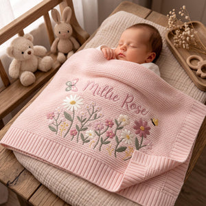 Personalized Floral Embroidered Baby Blanket - Custom Name Knitted Throw