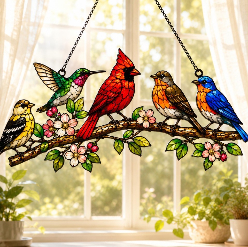 Birds Acrylic Suncatcher, Colorful Art Window Hanging, Boho Home Decor, Gift