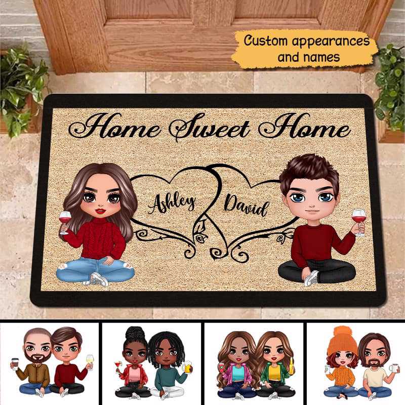 Doll Couple Sitting Home Sweet Home Gift Personalized Doormat - Gift For Couple