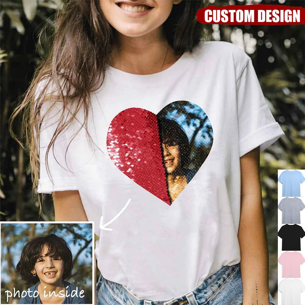 Custom Flip Sequin Shirt (Heart) Custom Photo Shirt