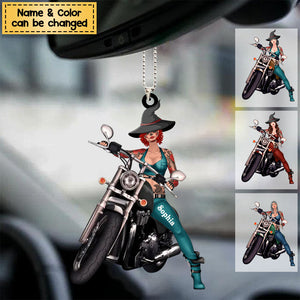 Custom Personalized Witch Biker Acrylic Car Ornament - Halloween Gift Idea For Bikers