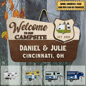 Welcome To Our Campsite - Personalized Wooden Door Sign