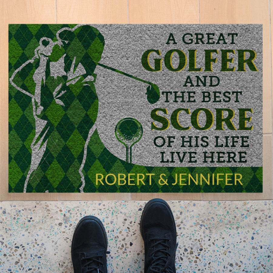 Personalized Golf Plaid Golfer Best Score Live Doormat