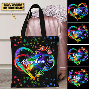 Personalized Grandma Mom Heart Infinity Hand Print Mother's Day Gift Cloth Tote Bag