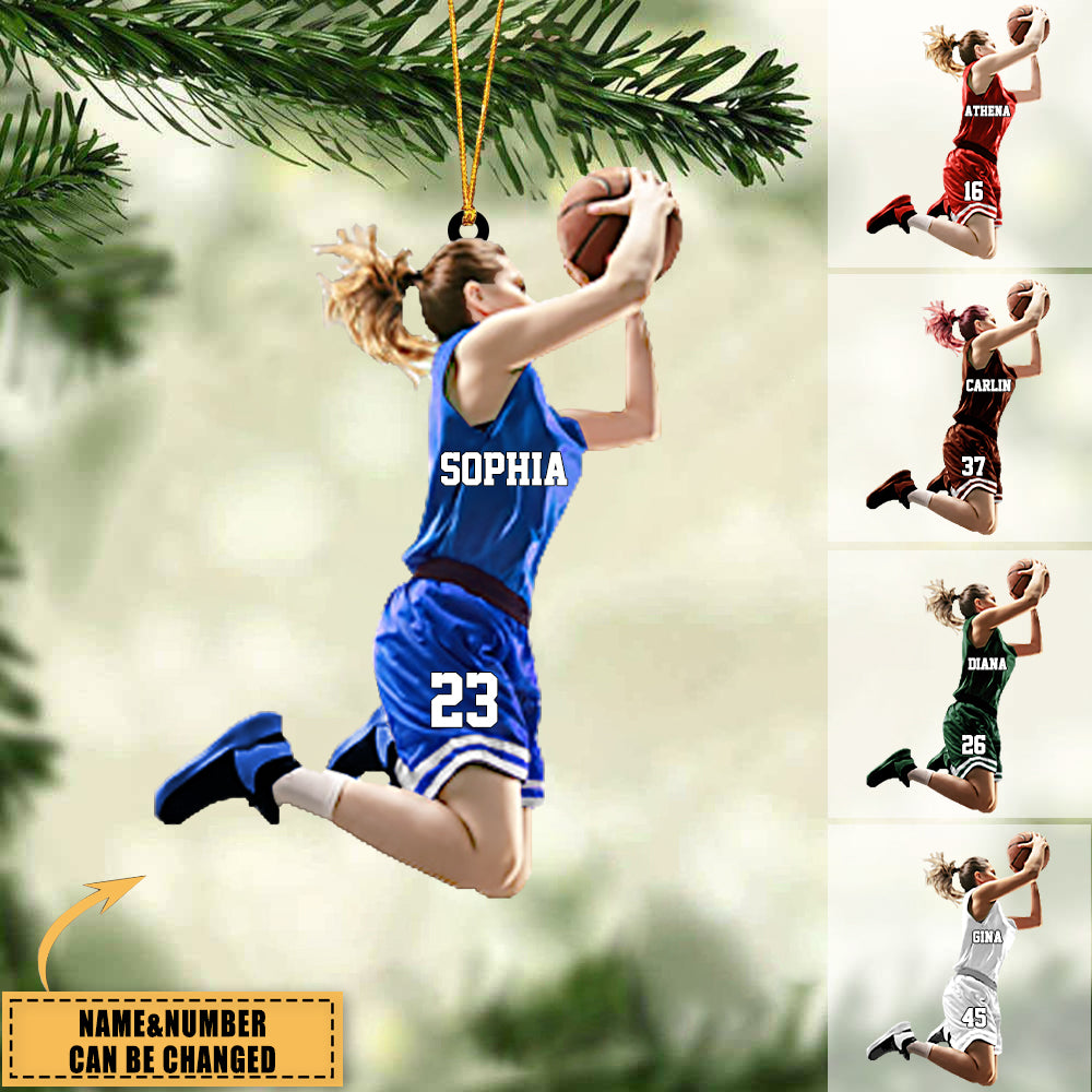 Personalized Girl/Female Shooting Basketball Acrylic Christmas Ornament - Gift For Woman Basketball players