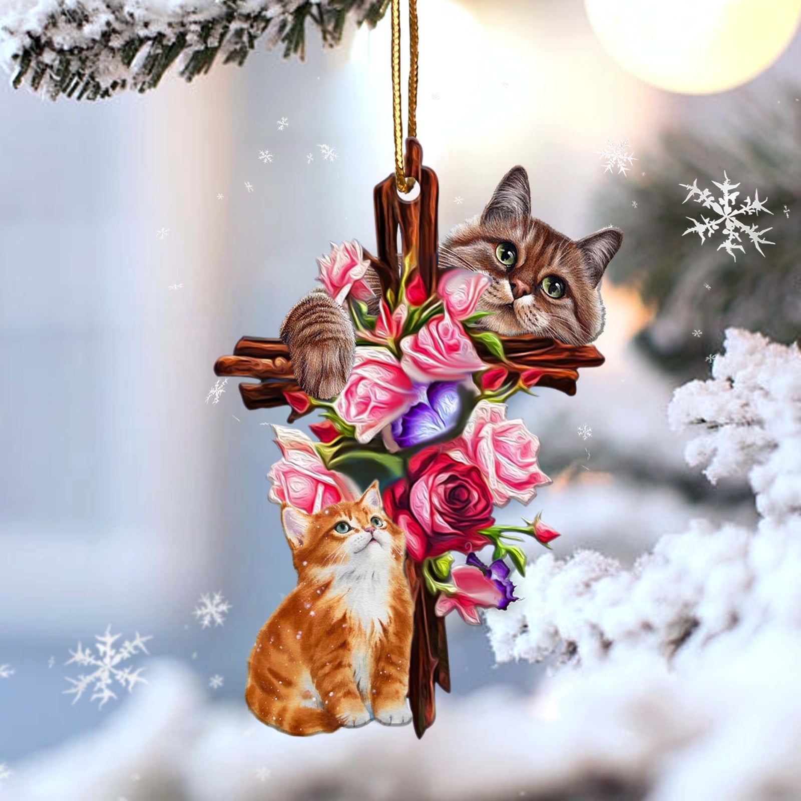 Cat roses and jesus two sides ornament