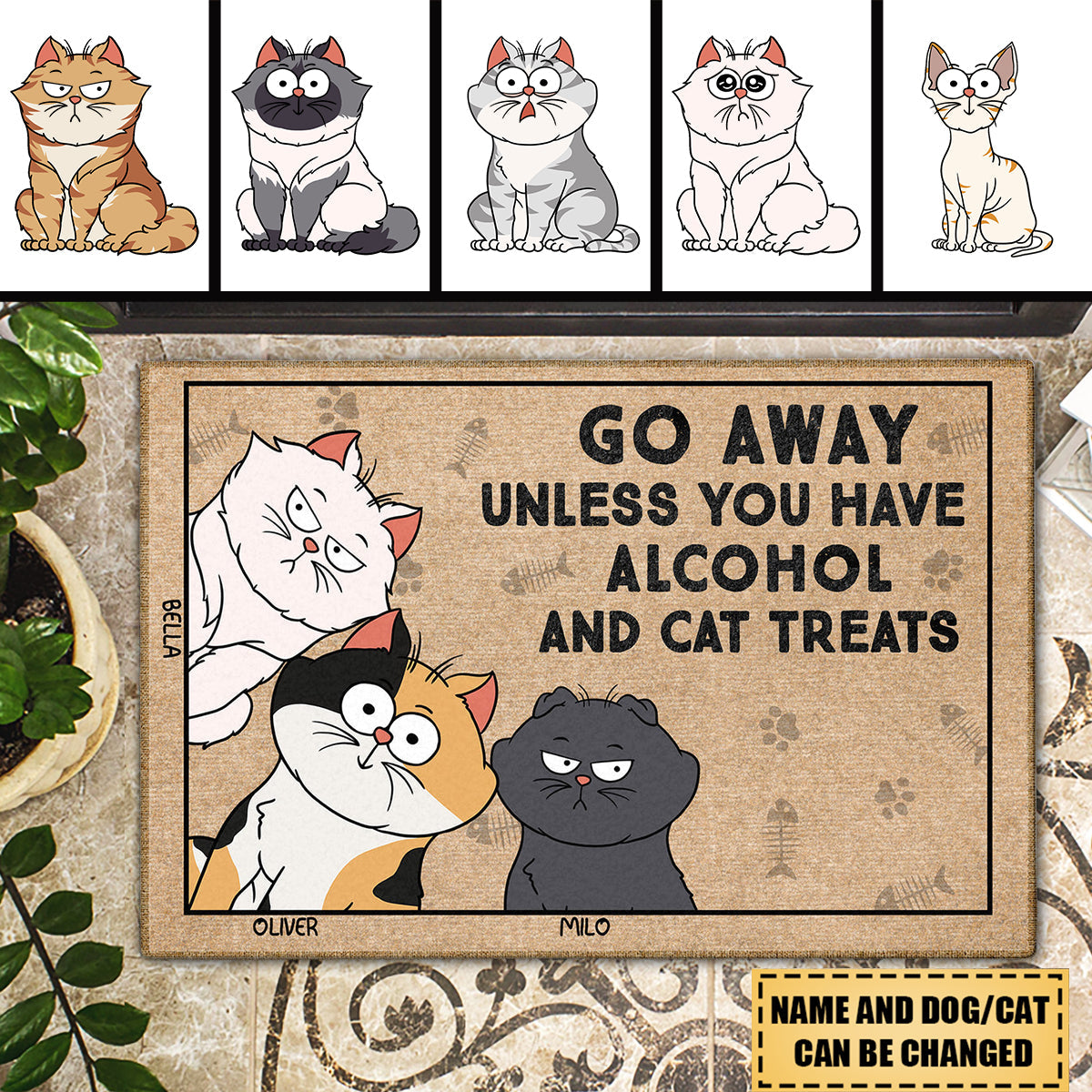 Go Away Unless You Have Alcohol And Cat Treats Funny Cartoon Cat - Gift For Cat Lovers - Personalized Doormat