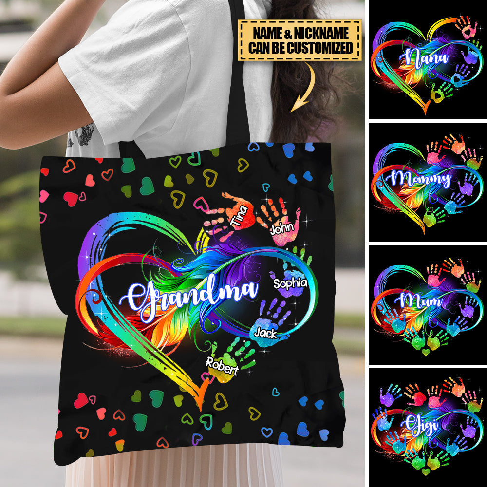 Personalized Grandma Mom Heart Infinity Hand Print Mother's Day Gift Cloth Tote Bag