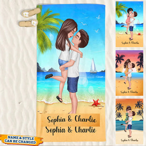 Summer Doll Couple Kissing Hugging On The Beach Personalized Beach Towel-Gift For Couple