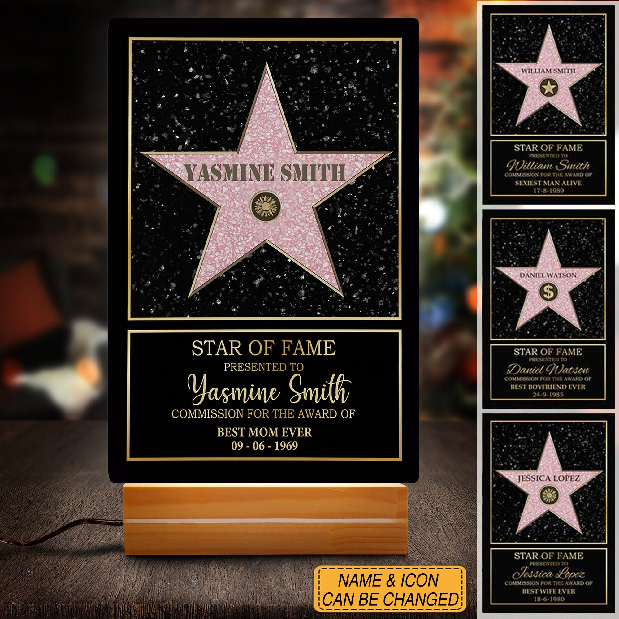 Star Of Fame Custom Acrylic Plaque LED Lamp Night Light Gift For Family