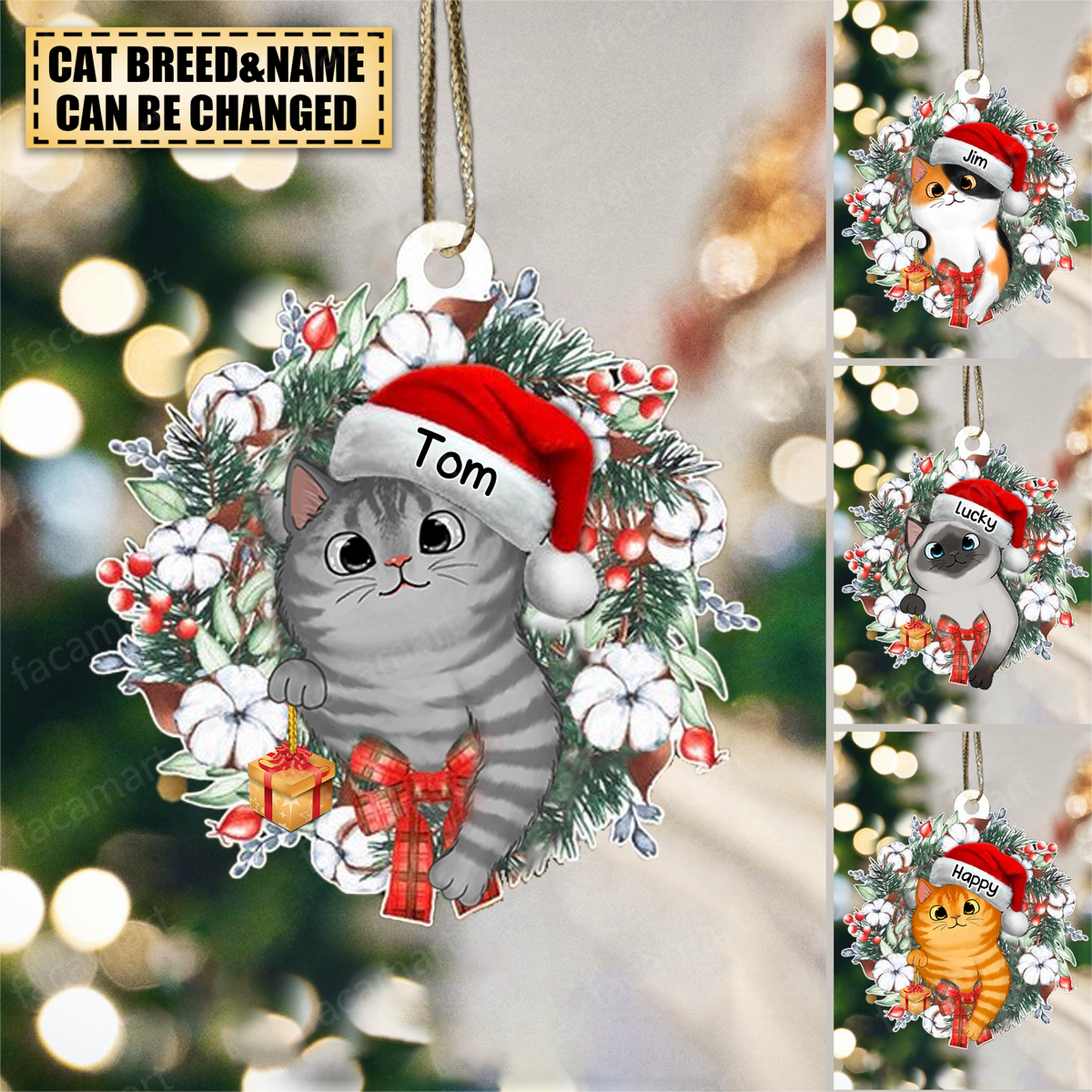 Personalized Cat Christmas Wreath Gift Ornament