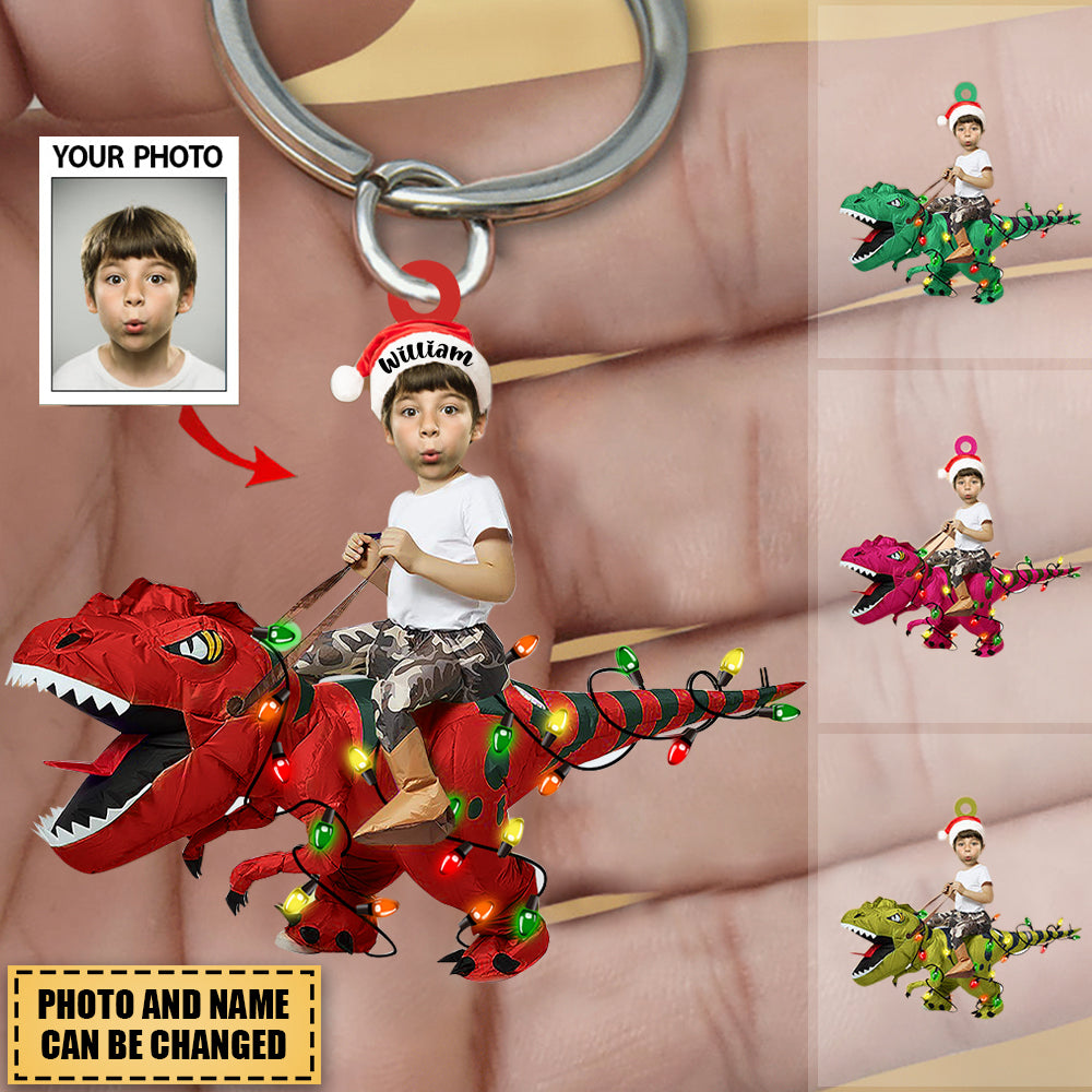 Personalized Cute Kid Rides The Dinosaurus Christmas Light Acrylic Keychain
