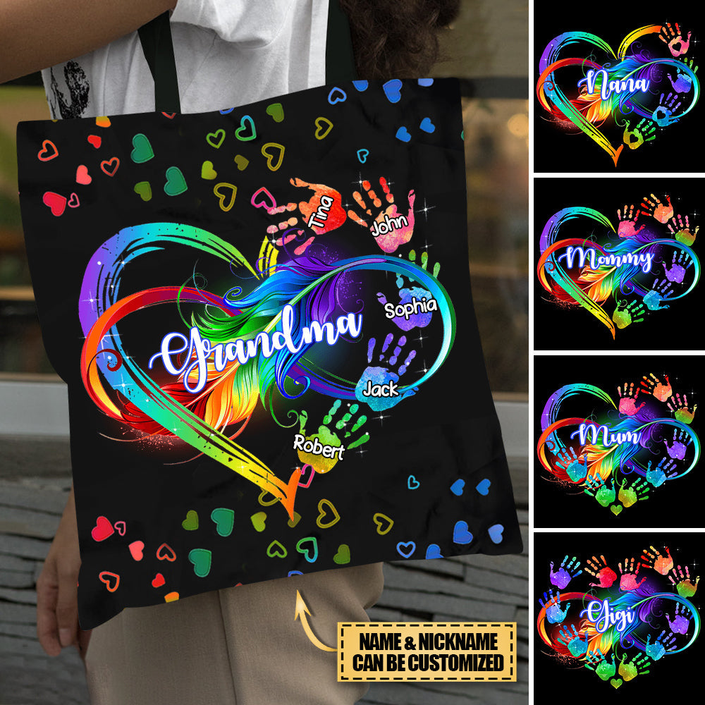 Personalized Grandma Mom Heart Infinity Hand Print Mother's Day Gift Cloth Tote Bag