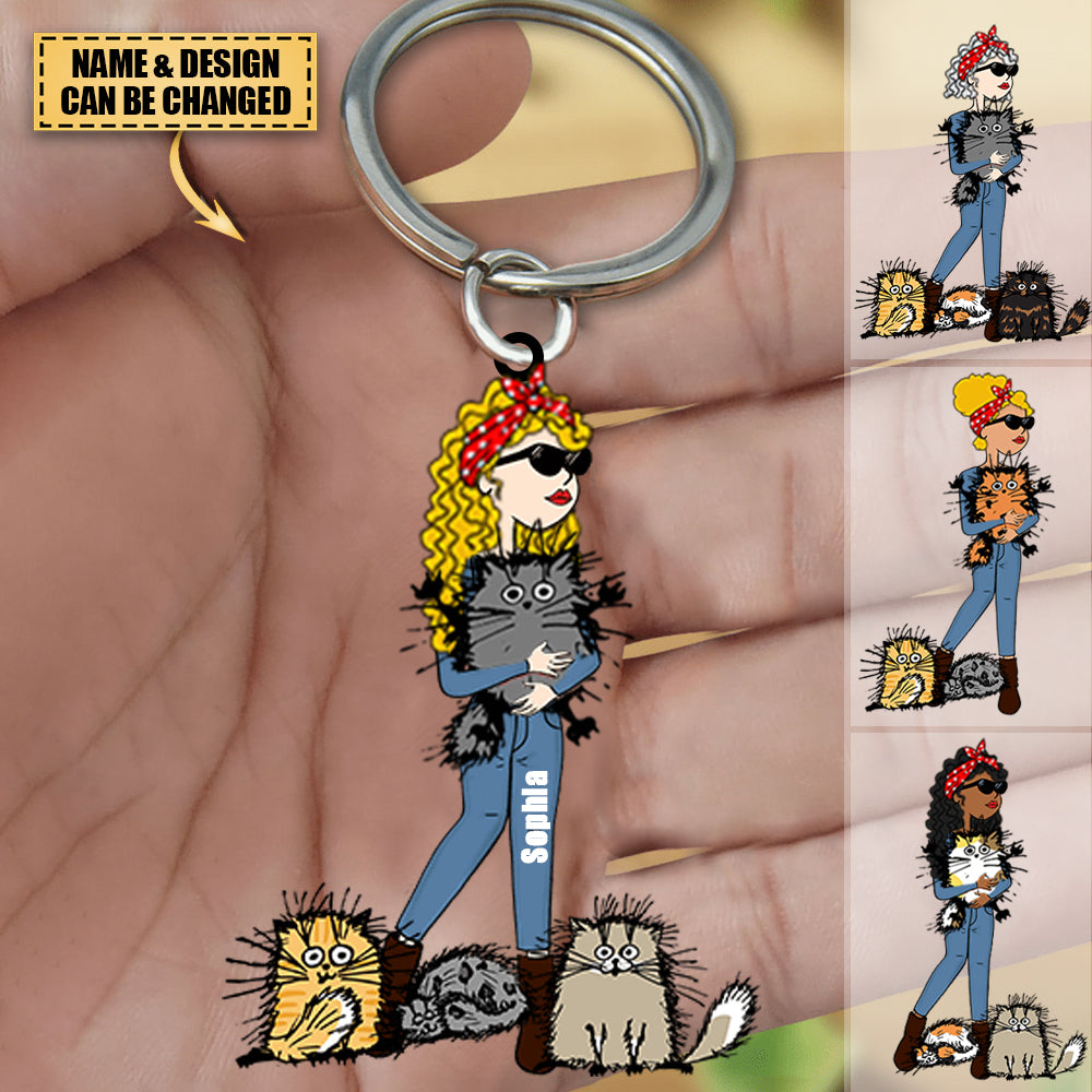 Personalized Cat Lovers, Girl and cat Acrylic Keychain