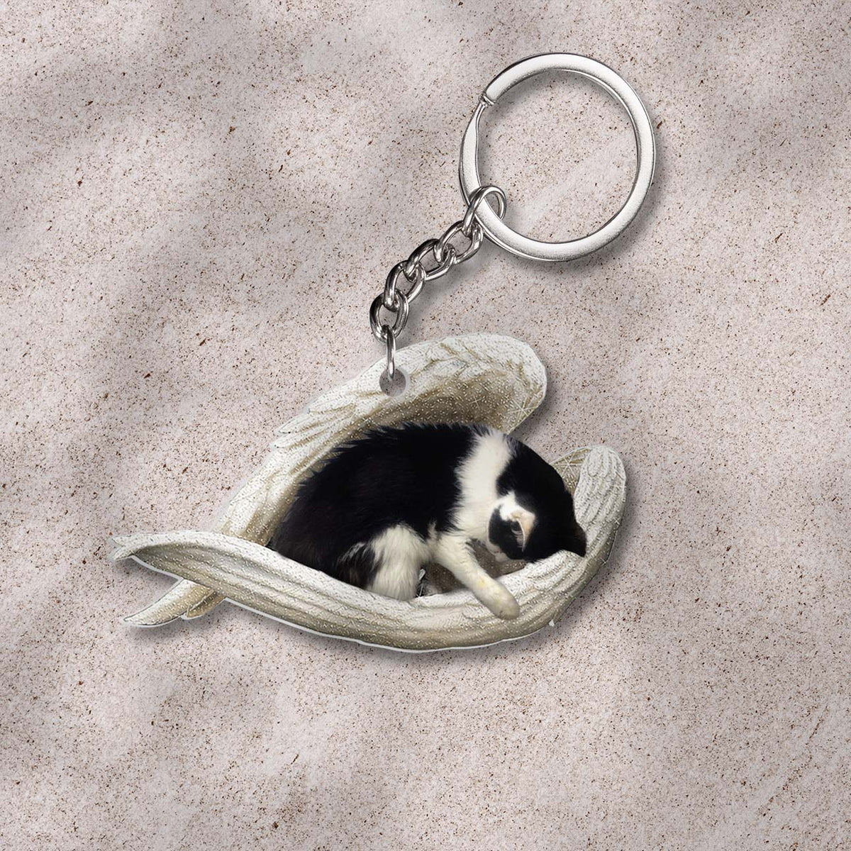 Black and white cat sleeping angel Mica keychain gift for cat mom, gift for cat lover cus