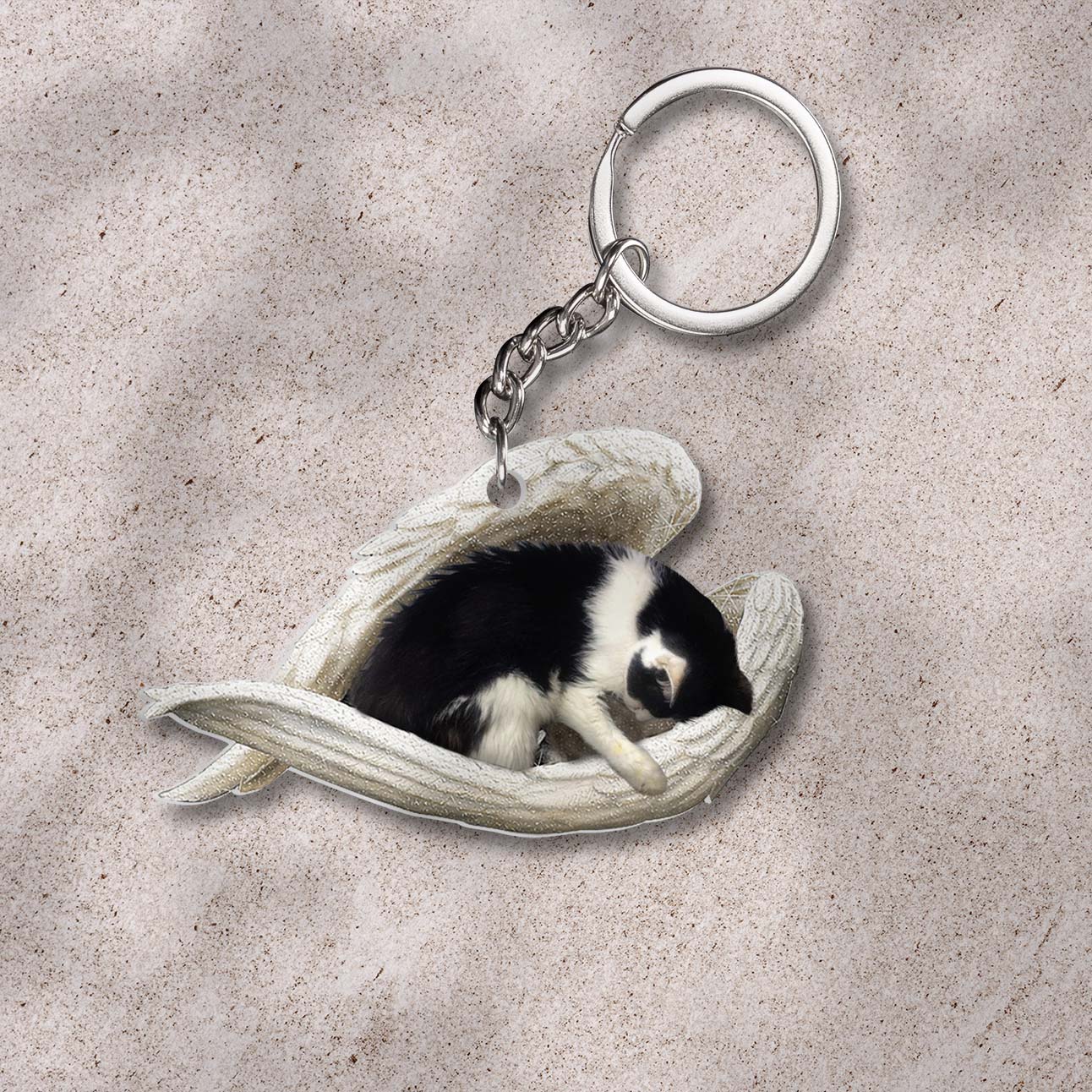 Black and white cat sleeping angel Mica keychain gift for cat mom, gift for cat lover cus