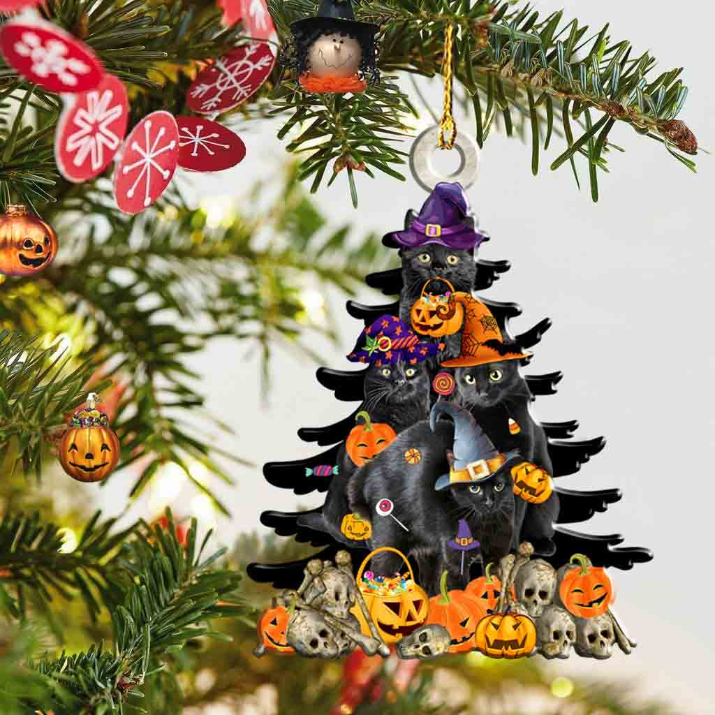Black cat tree Halloween two sides ornament