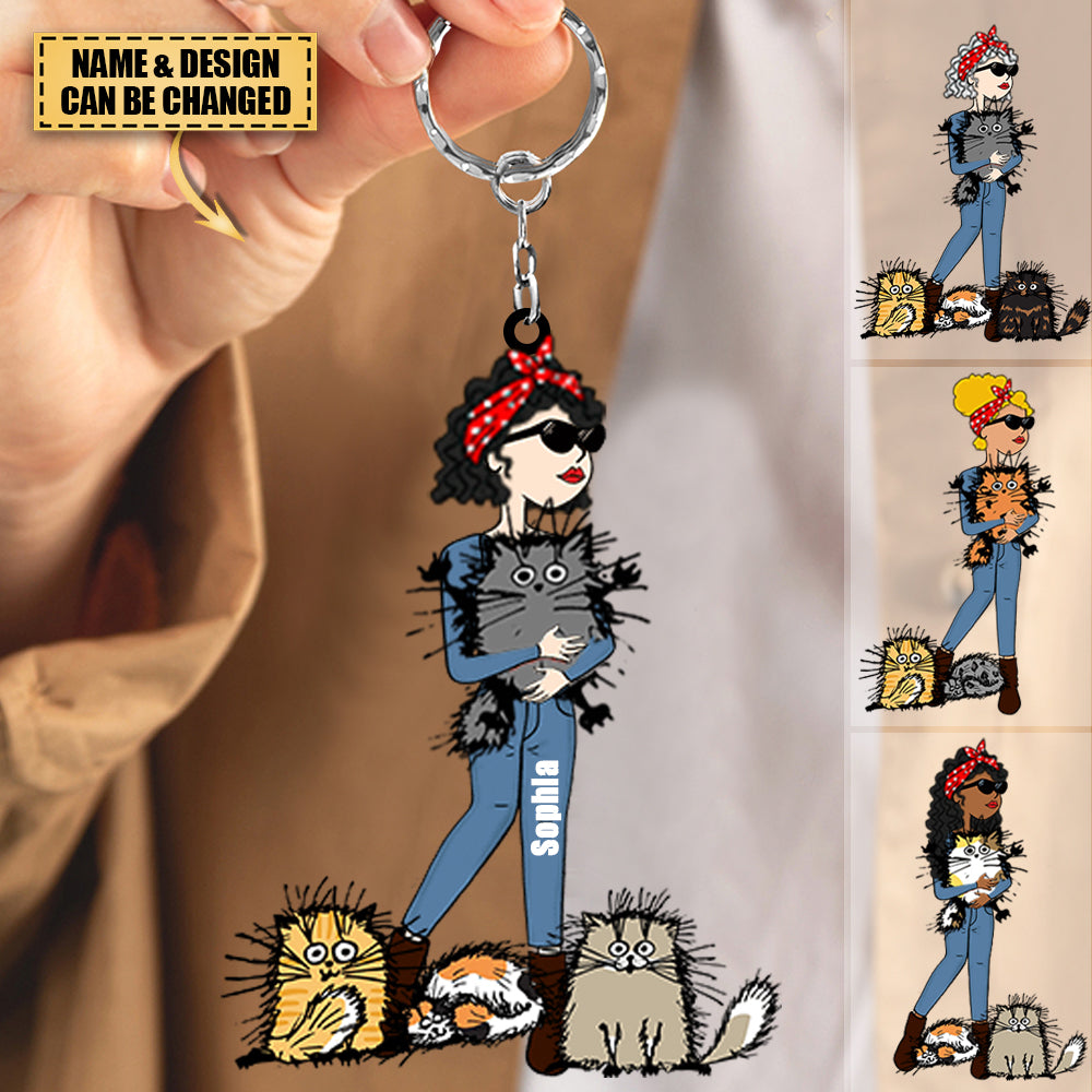 Personalized Cat Lovers, Girl and cat Acrylic Keychain