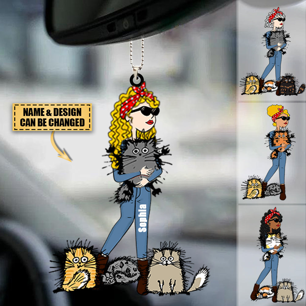 Personalized Cat Lovers, Girl and Cat Acrylic Car Hanging Ornament