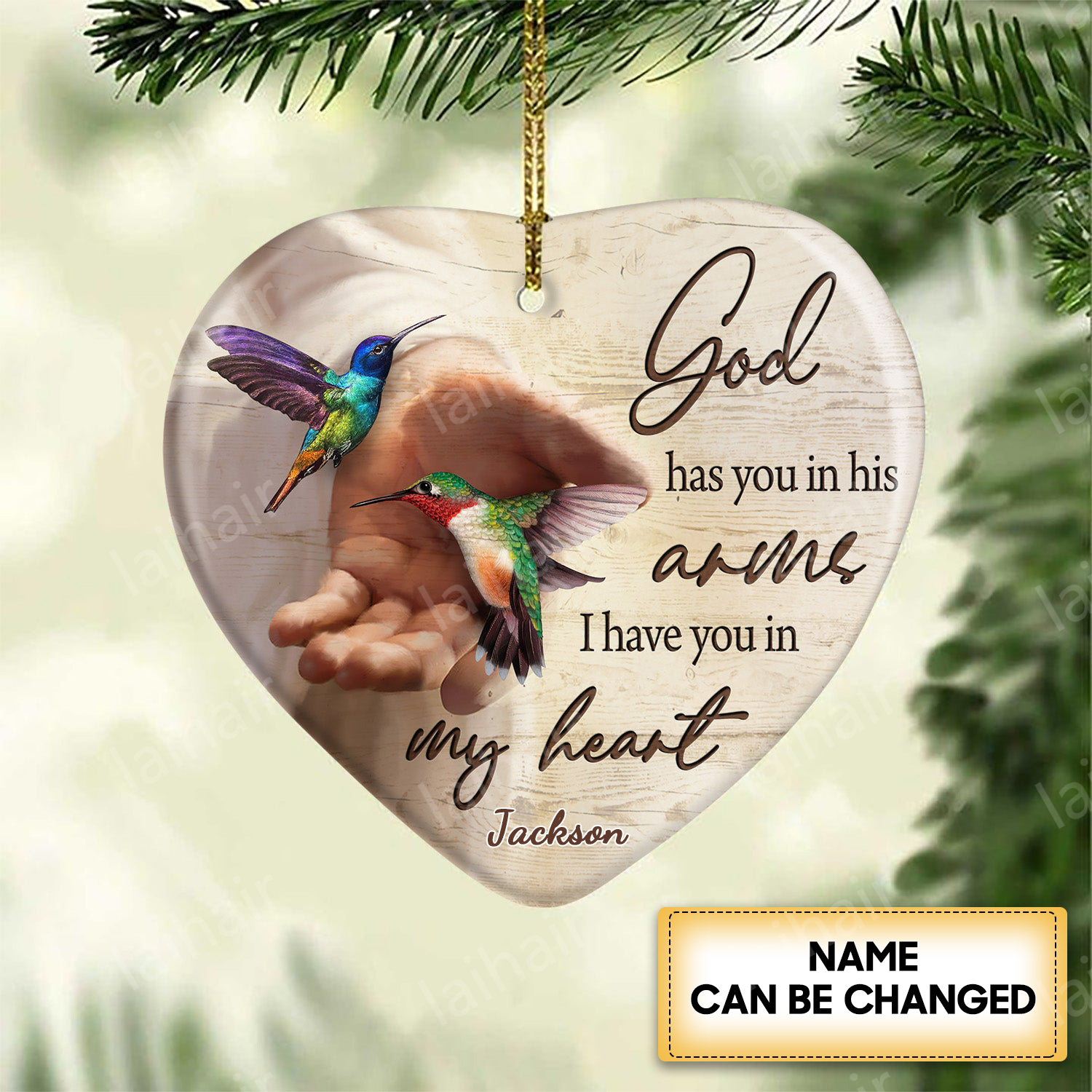 Hummingbird painting, God has you in his arms, I have you in my heart - Jesus Heart Ceramic Personalized Ornament