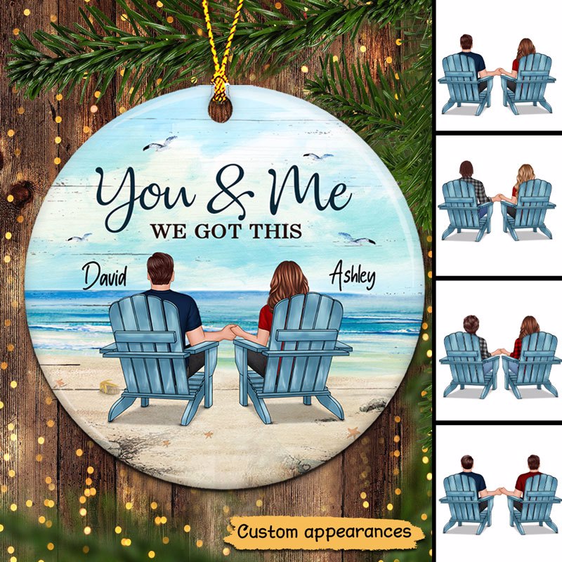 Back View Couple Sitting Beach Landscape Personalized Circle Ornament