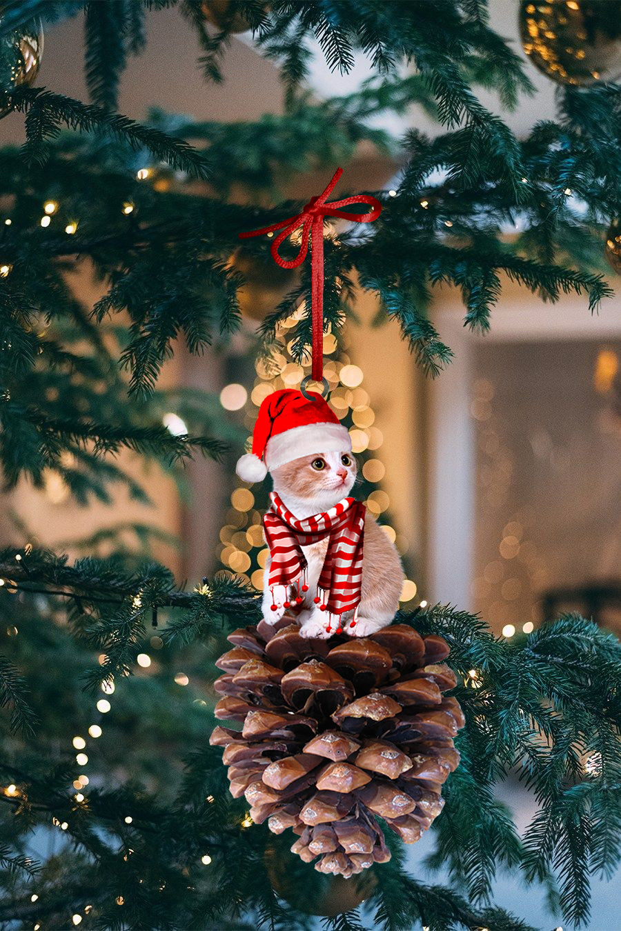 Cat sit on a giant dry pine cone Shape Ornament