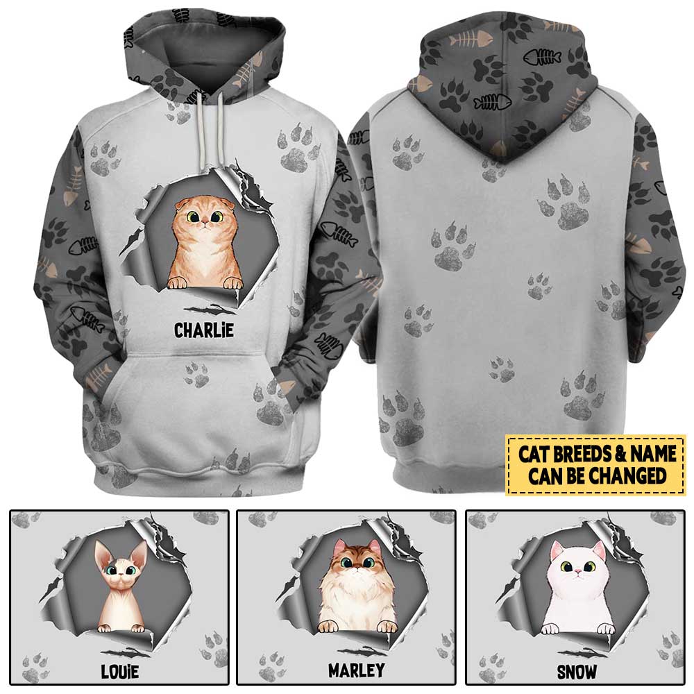 Personalized Peeking Cat Ragged Hole Torn 3D Full Printing Hoodie