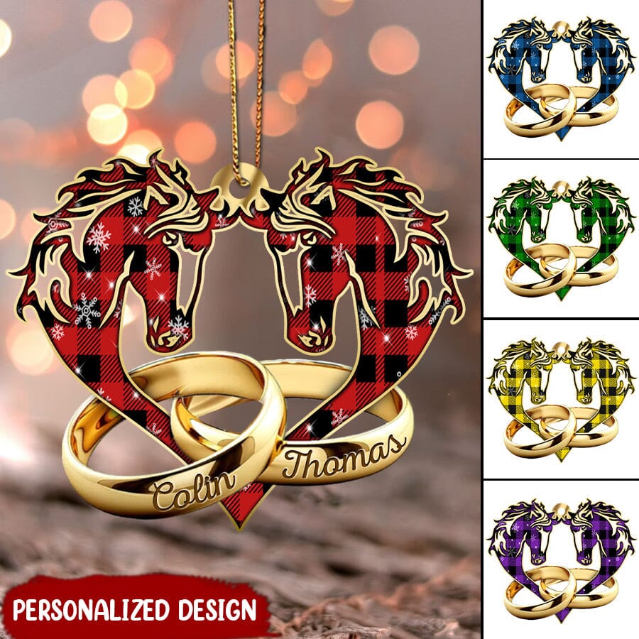 Personalized Horse Couple Wedding Rings Husband Wife Christmas Gift Plaid Acrylic Ornament