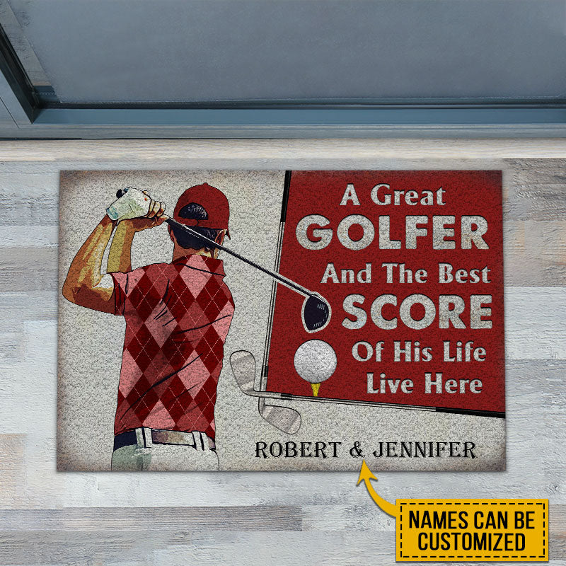 Personalized Golf Red Couple Golfer Best Score Live Customized Doormat