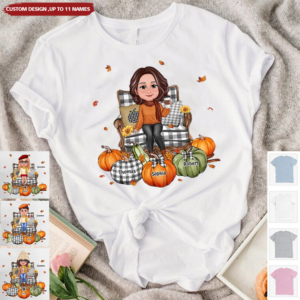 Grandma Sitting On Chair Pumpkins Personalized Shirt - Gift For Grandma