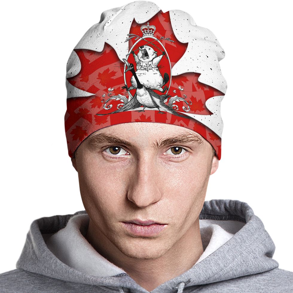 The majestic Canadian beaver riding a goose while wearing a maple leaf bikini Beanie