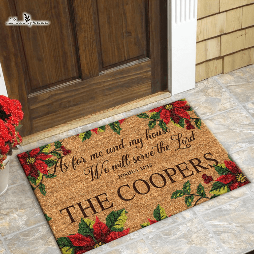 Poinsettia Christmas Serve The Lord Personalized Door Mat