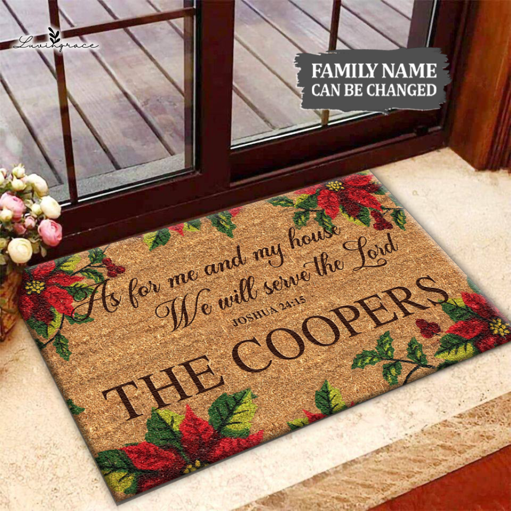 Poinsettia Christmas Serve The Lord Personalized Door Mat