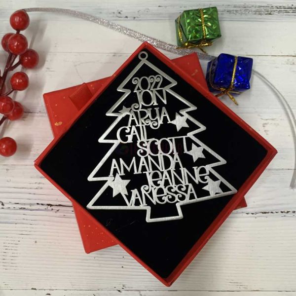Personalized 2023 Family Names Christmas Tree Silver Ornaments